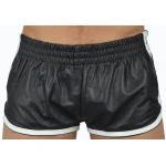 Mens Sports White Strips Real Sheepskin Black Leather Shorts