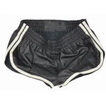 Mens Sports White Strips Real Sheepskin Black Leather Shorts