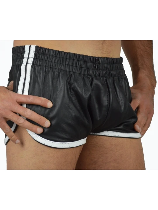 Mens Sports White Strips Real Sheepskin Black Leather Shorts