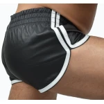 Mens Sports White Strips Real Sheepskin Black Leather Shorts
