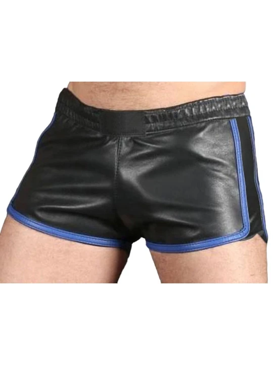 Mens Sports Gym Real Sheepskin Black Leather Blue Strips Shorts