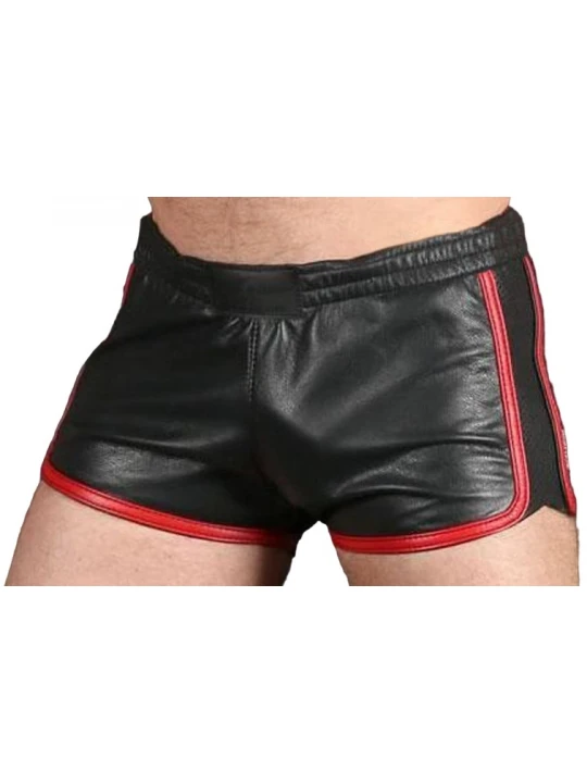 Mens Sports Gym Real Sheepskin Black Leather Red Strips Shorts