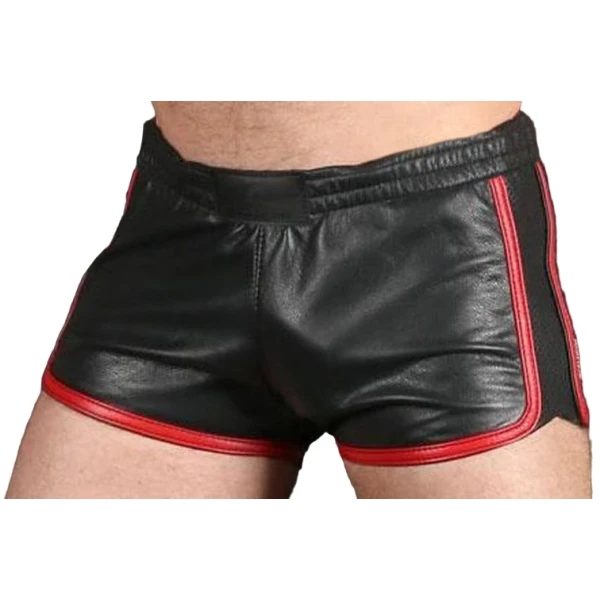 Mens Sports Gym Real Sheepskin Black Leather Red Strips Shorts