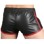 Mens Sports Gym Real Sheepskin Black Leather Red Strips Shorts