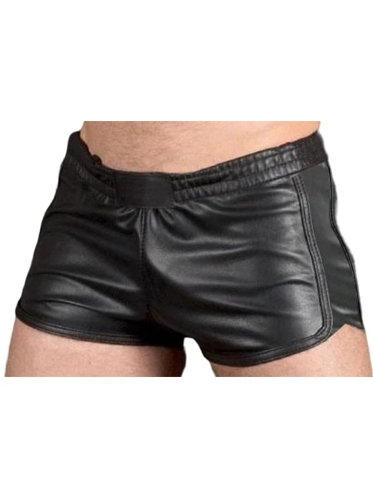 Mens Sports Gym Real Sheepskin Black Leather Shorts