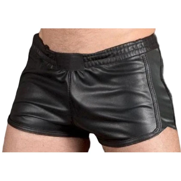 Mens Sports Gym Real Sheepskin Black Leather Shorts