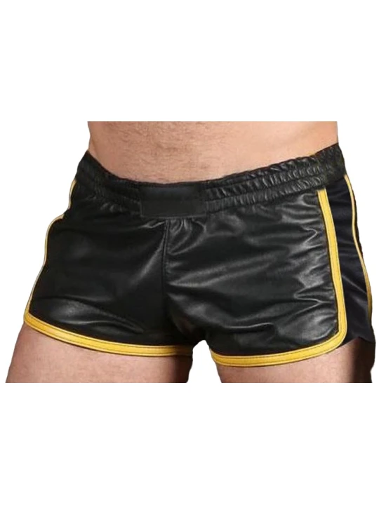 Mens Sports Gym Real Sheepskin Black Leather Yellow Strips Shorts