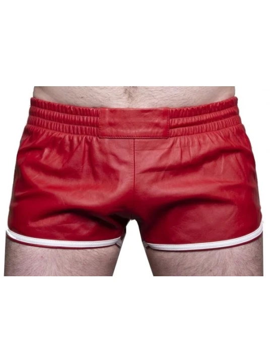 Mens Sports Gym Real Sheepskin Red Leather White Strips Shorts