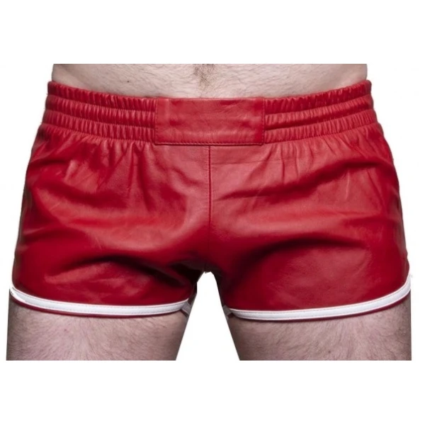 Mens Sports Gym Real Sheepskin Red Leather White Strips Shorts