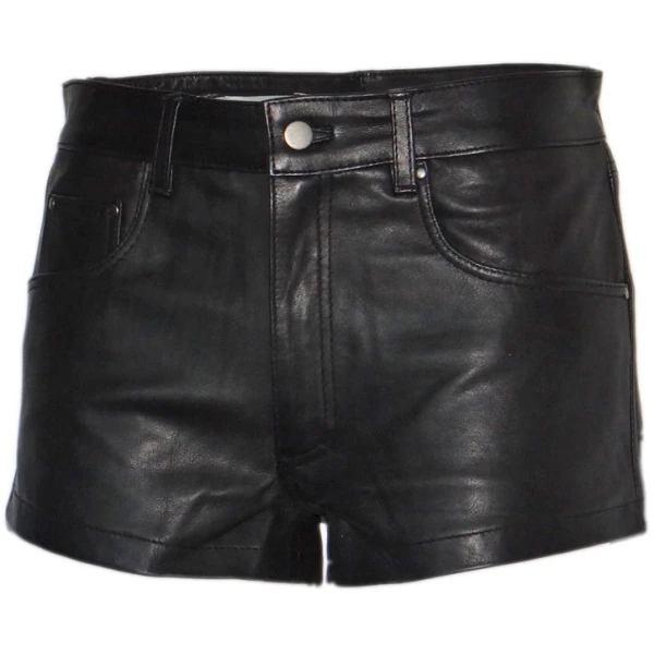 Mens street walk Real Sheepskin Black Leather Shorts