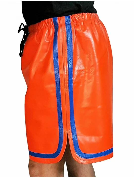 Orange Leather Shorts With Blue Strips