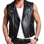 Biker Black Leather Waistcoat