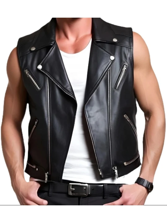Biker Black Leather Waistcoat