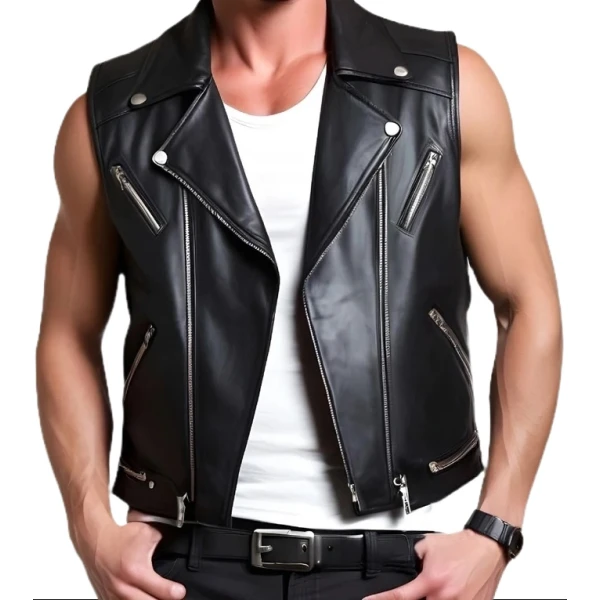 Biker Black Leather Waistcoat