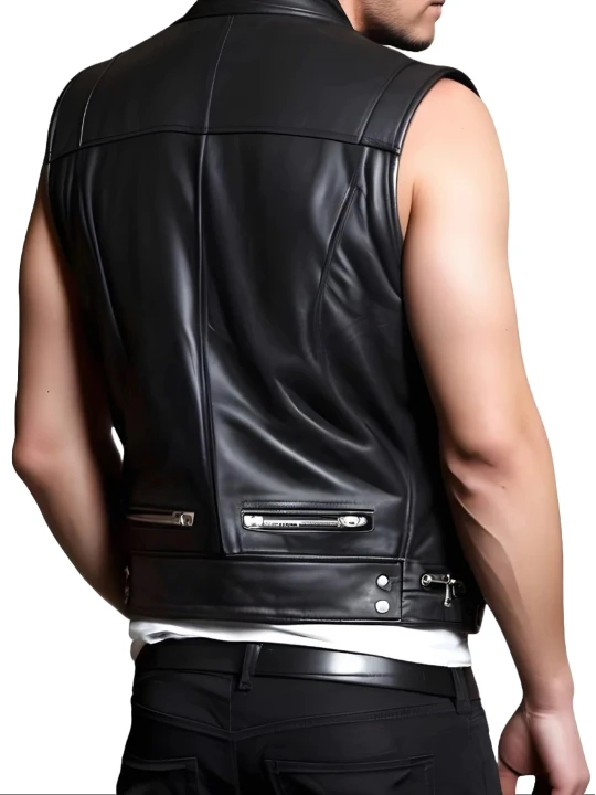 Biker Black Leather Waistcoat