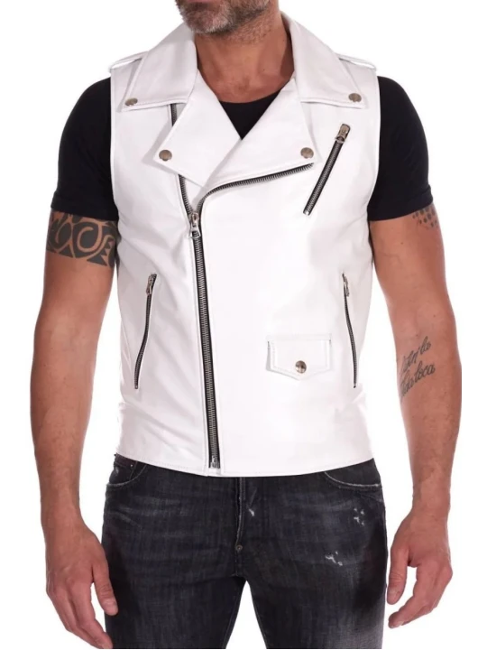 Biker White Leather Vest
