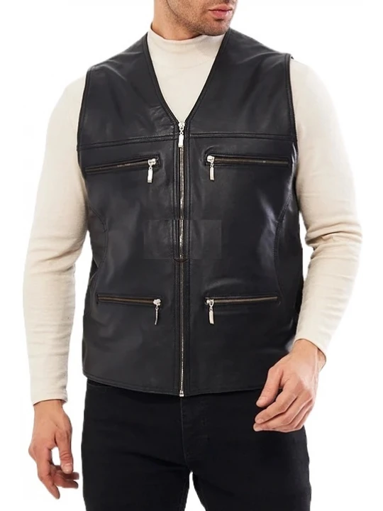Black Leather Vest With Zippered Closure