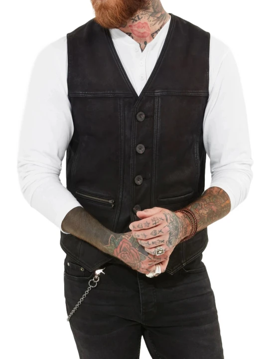 Button Front Black Suede Leather Vest