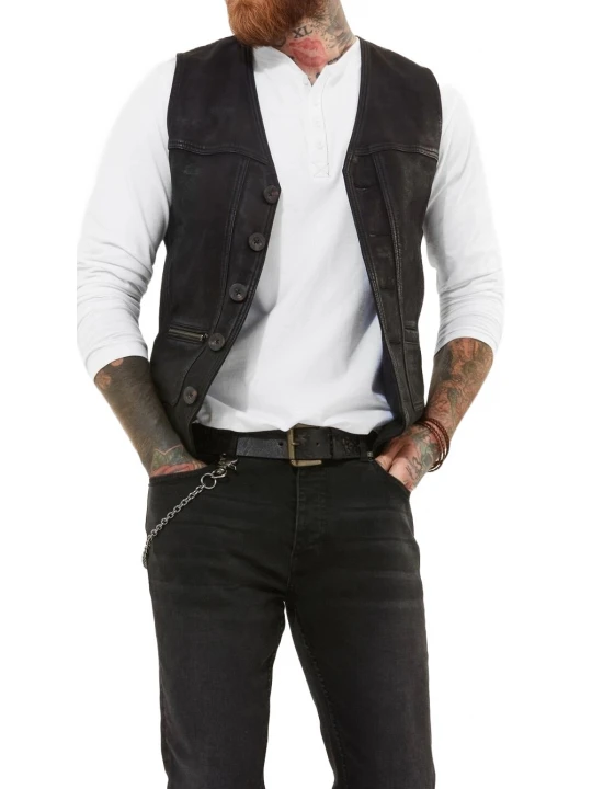 Button Front Black Suede Leather Vest
