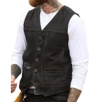 Button Front Black Suede Leather Vest