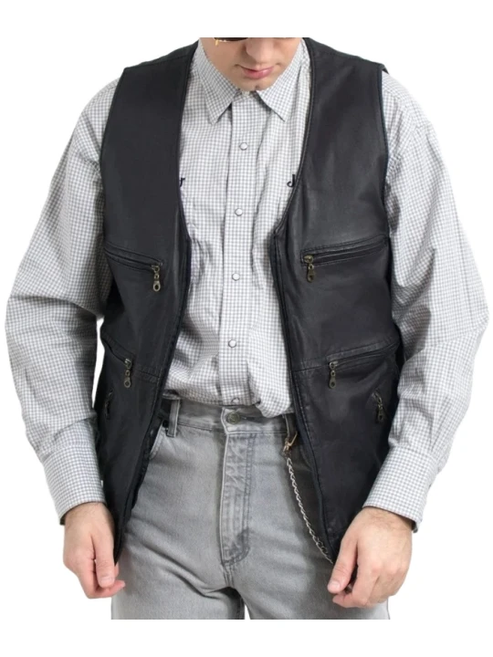 Elastic Waist Black Leather Sleeveless Jacket