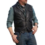 Front Patch Pockets Black Leather Vest
