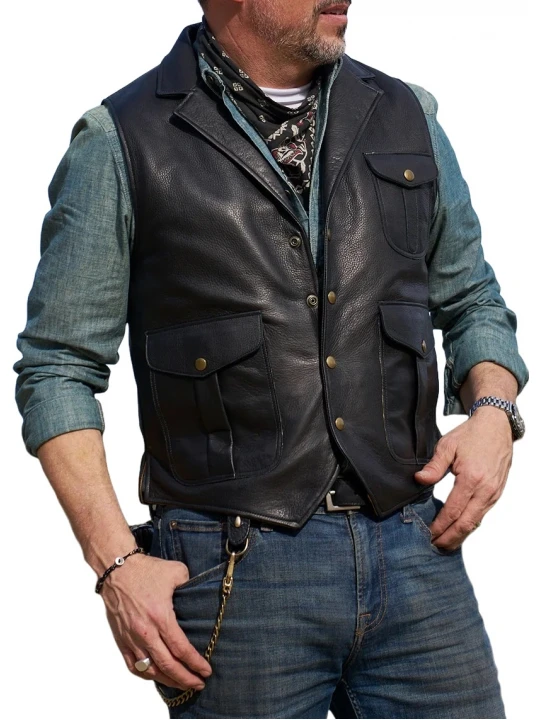 Front Patch Pockets Black Leather Vest