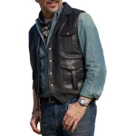 Front Patch Pockets Black Leather Vest