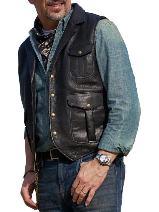 Front Patch Pockets Black Leather Vest