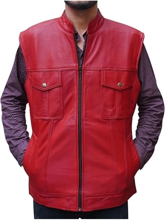 High Collar Red Leather Utility Gilet