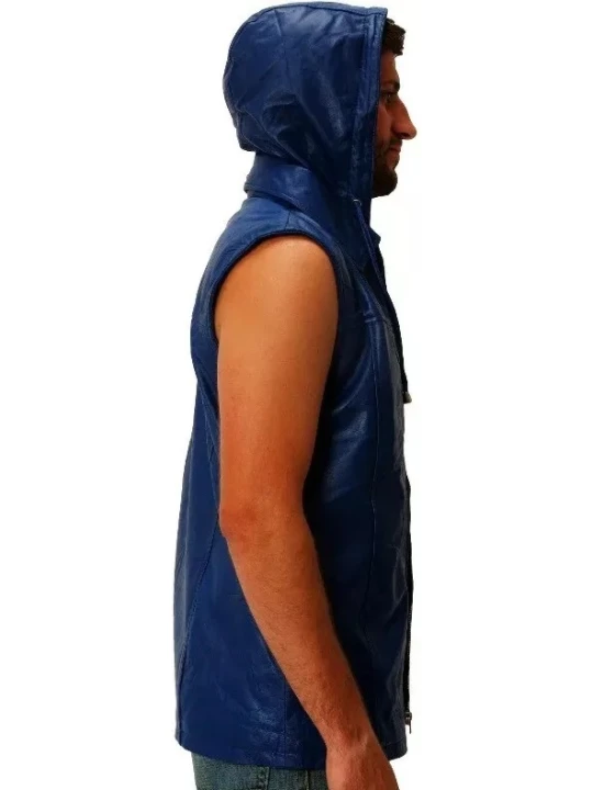Hooded Blue Leather Vest