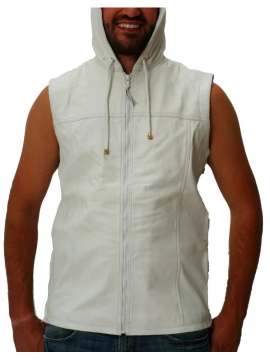 Hooded White Leather Vest