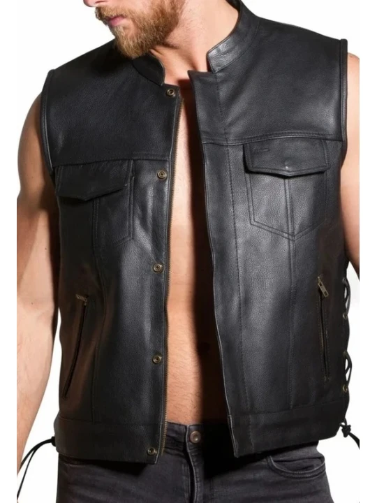 Lace Up Black Leather Biker Vest
