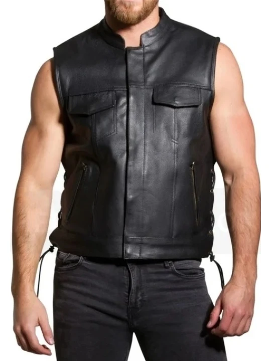 Lace Up Black Leather Biker Vest