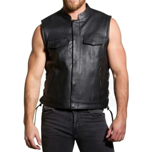 Lace Up Black Leather Biker Vest