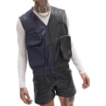 Leather Utility Gilet In Navy Plus Black
