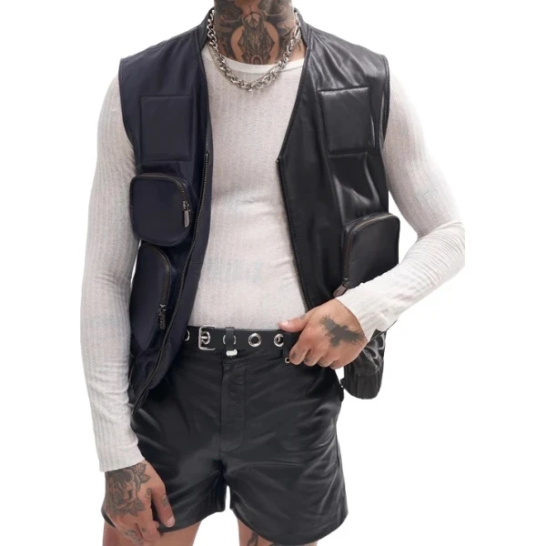 Leather Utility Gilet In Navy Plus Black