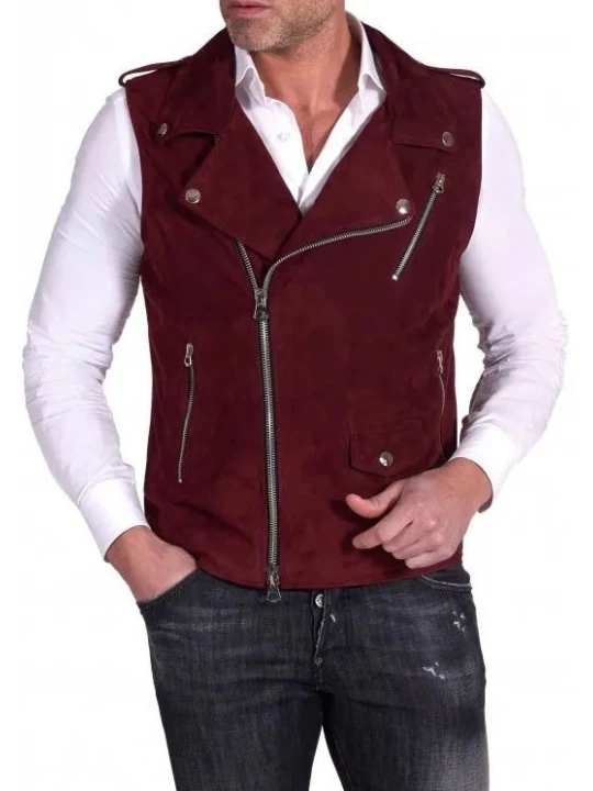 Maroon Biker Suede Leather Vest