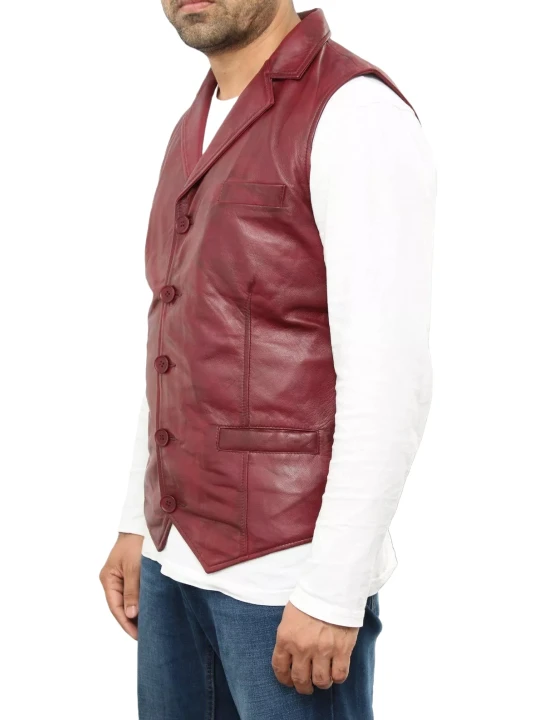 Notch Collar Burgundy Leather Vest