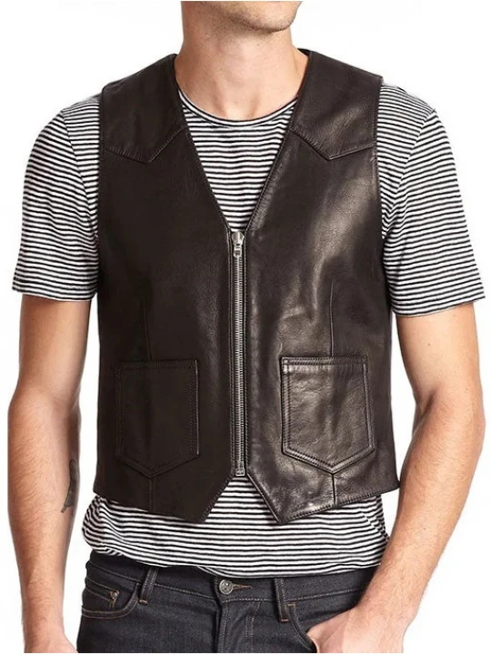 Patch Pockets Black Leather Vest