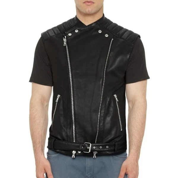 Quilted Biker Black Leather Waistcoat