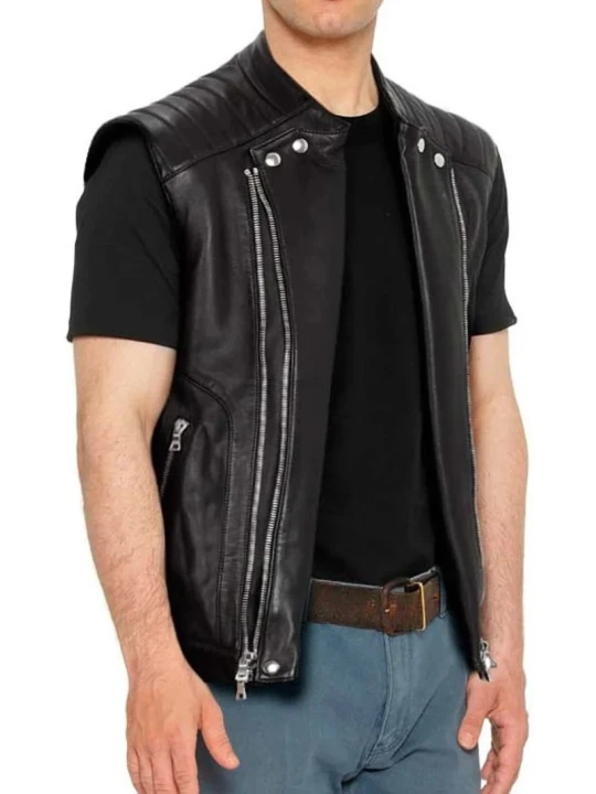 Quilted Biker Black Leather Waistcoat