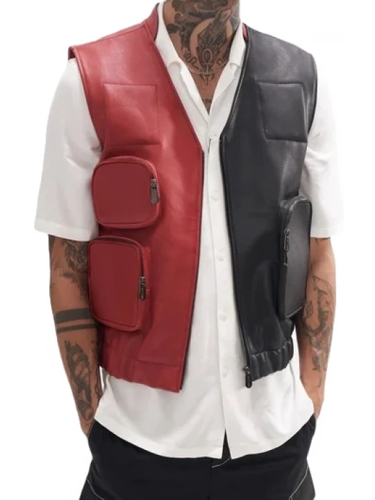 Red And Black Leather Utility Gilet