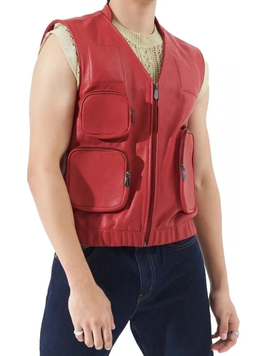Red Leather Utility Gilet
