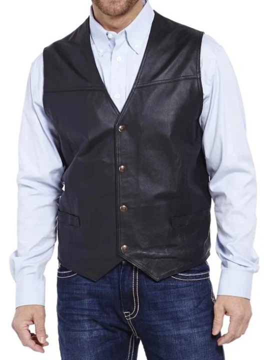 Snap Front Black Leather Vest