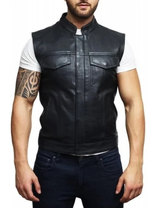 Stand Collar Black Leather Vest