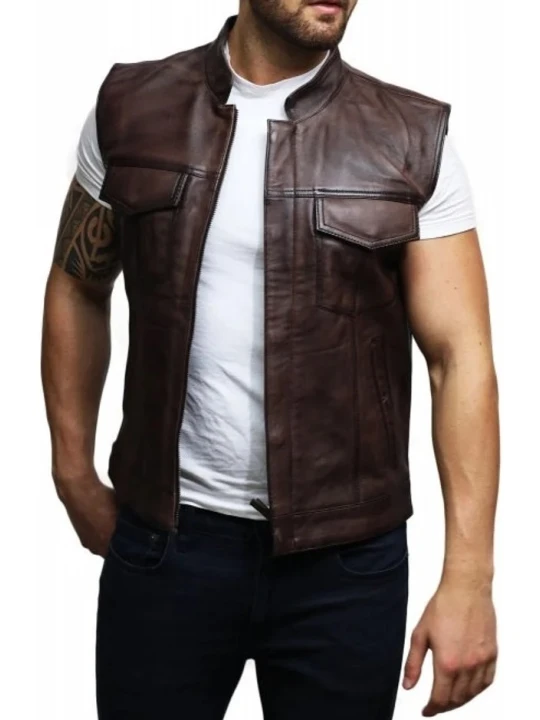 Stand Collar Brown Leather Vest