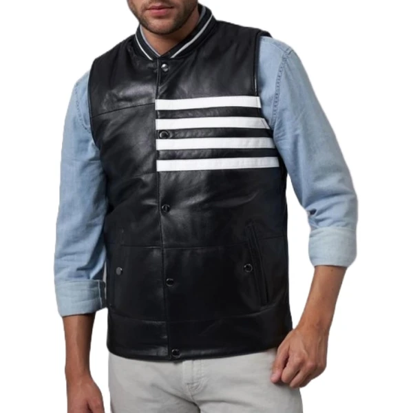 Strips Detailing Black Leather Vest