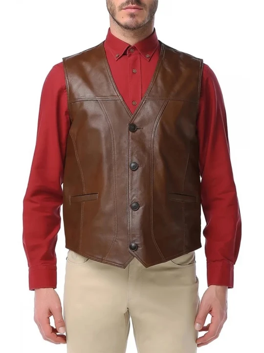 V Neck Brown Leather Vest
