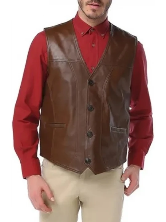 V Neck Brown Leather Vest